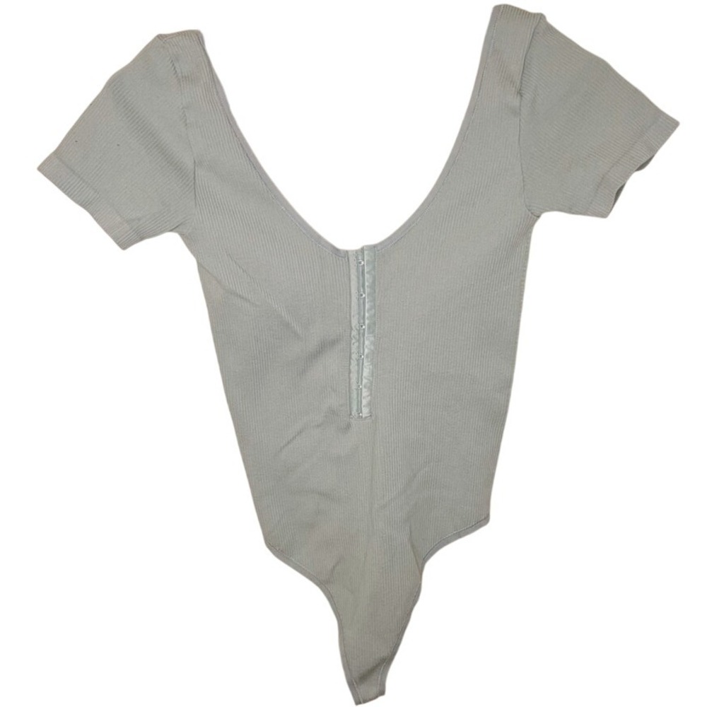 Urban Outfitters Sage Green Ribbed Bodysuit M/L Thong Stretch Hook Front EUC